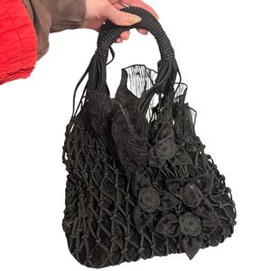 Vintage Rope Crochet Knit Bag Floral Applique Fishnet Evening Bag Art Deco